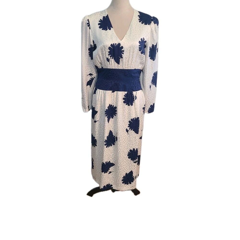 UMI Collections Anne Crimmins Silk Dress 10 White Floral VTG Midi Regencycore